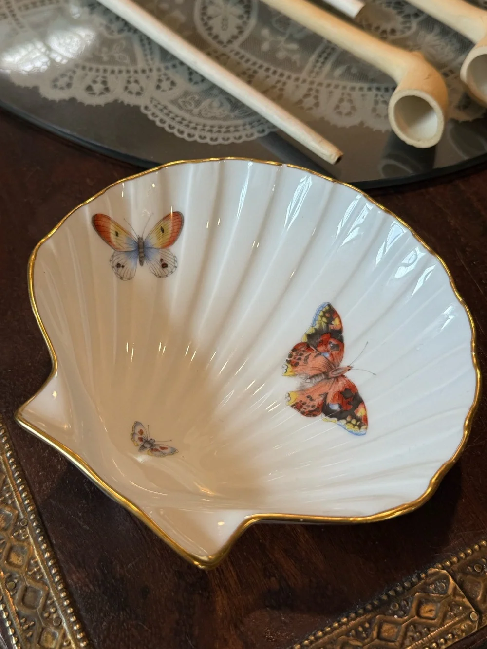 Vintage Limoges White Porcelain Scalloped Dish with Gold Fleur-de-Lis Mark